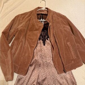 Maurices Tan/Blush Bomber Jacket Suede-Like Plush With Satin & Lace Tank